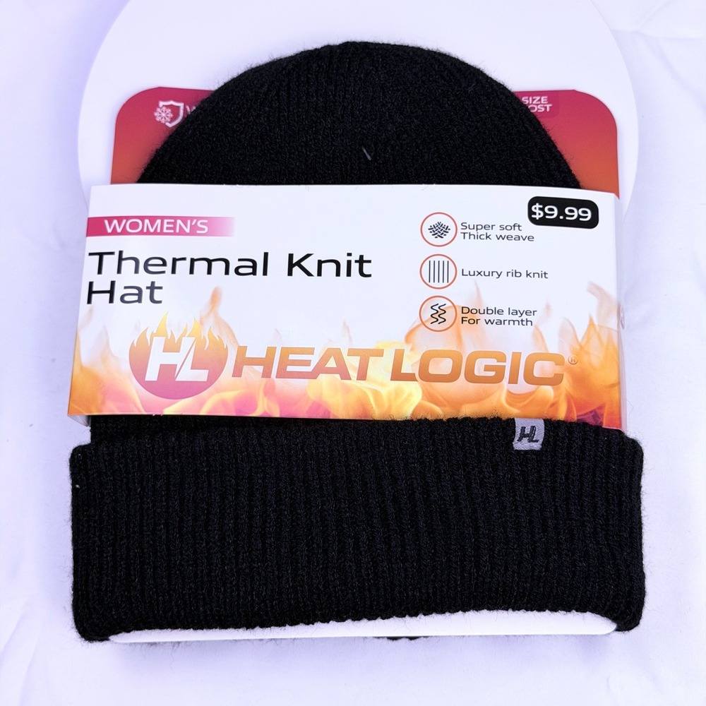 Heat Logic Women Thermal Knit Hat Black Ribbed Beanie Double Layer Soft Thick HL